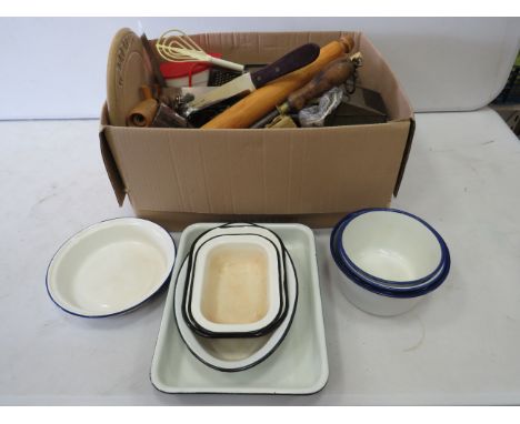 Large box of assorted Kitchenalia to include very good enamel serving dishes etc. see photos. 