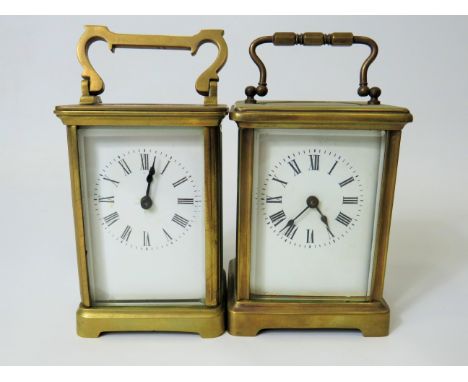 Two Brass Carriage Clocks, French made with enamel faces, one intermittent runner, one non runner. For spares or repairs.   S