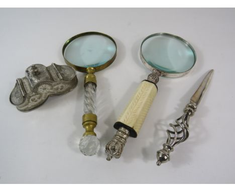2 large vintage magnifying glass, a letter opener and a white metal nut box.