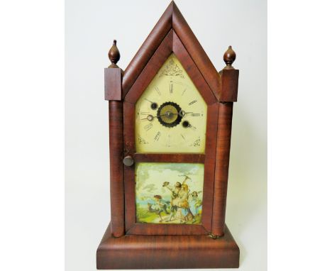 American made Early 20th Century Mantle Alarm Clock in running order but weak mechanism.  15 inches tall.