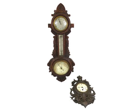 Large Barometer/Clock/Thermometer approx 26 inches long with Oak Case. Clock requires attention to escapement to run properly