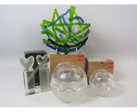 2 Holmegaard glass bonbonnieres and two glass heart paperweights plus a art glass bowl.