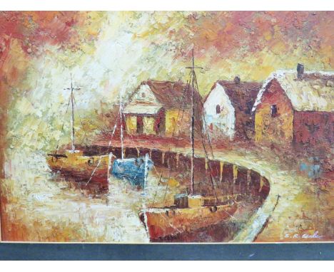 Oil on Board of a Harbour Scene which bears the signature of S. R. Earle.  Housed in an ornate gilt frame which measures 21 x