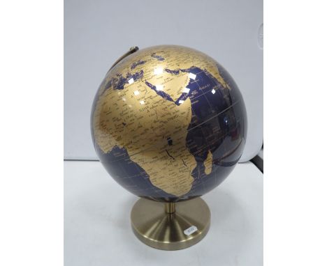 Blue and Gold World globe with polished brass effect stand, approx 13" tall.