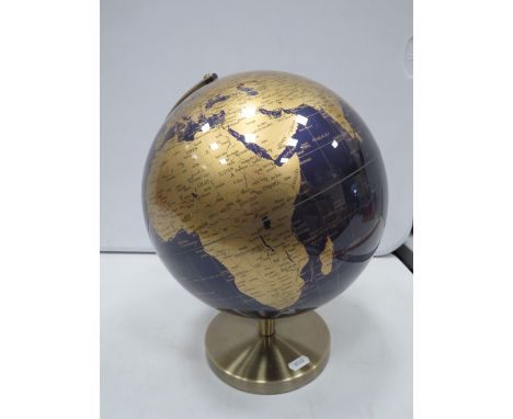 Blue and Gold World globe with polished brass effect stand, approx 13" tall.