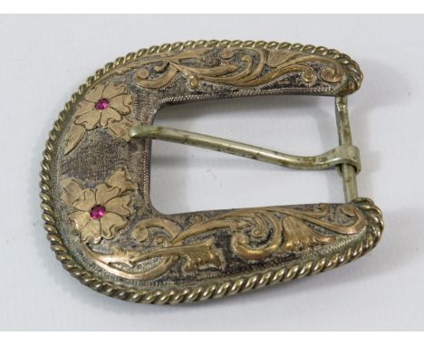 Vintage Sterling silver VOTG Western hand engraved belt buckle 1/10th gold and set with 2 rubies, 7cm by 7cm. 43.3g