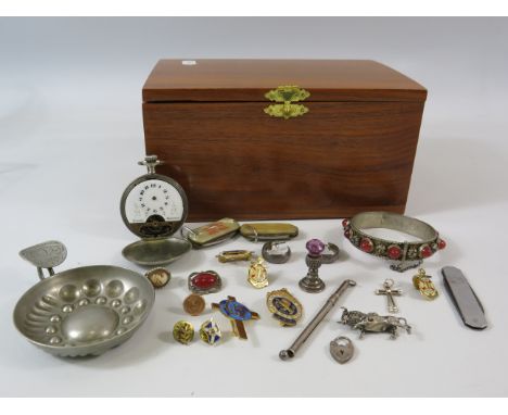 Wooden Keepsake box and a selection of collectables including various silver items and a vintage pocket watch.