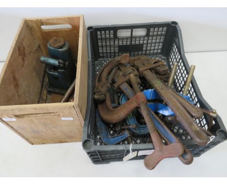 Vintage Bottle jack plus a selection of tools to include G Clamps, Stilsons etc. see photos. 