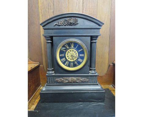 French slate Mantle clock. In complete condition, may need attention to run.  Measures approx H:18 x W:14 x D:7 Inches. See p