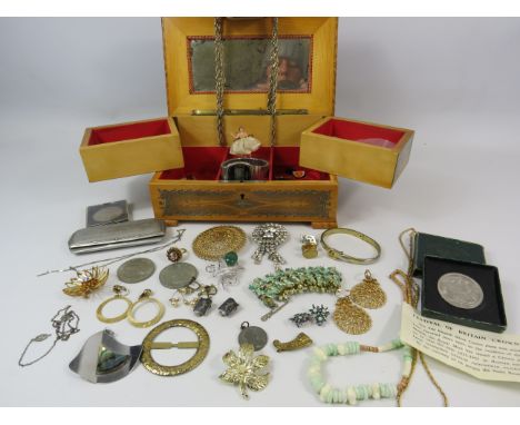 Vintage jewellery box containing various costume jewellery and coins etc.