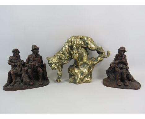 2 Priory Casting sculptures plus a Gold resin Cougar on a rock.