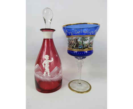 Mary Gregory cranberry glass decanter and a large Murano cobalt blue glass chalice.