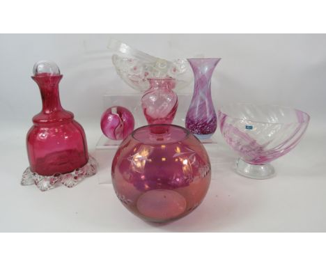 Mixed lot of Red and pink glass including Caithness and a Victorian cranberry glass decanter.