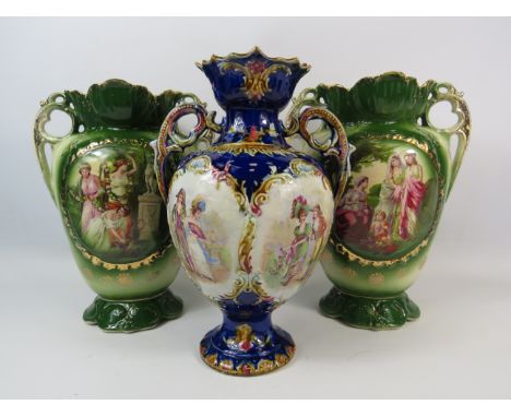 Pair of vintage Continetal transfer printed twin handle vases plus a Majolica vase.