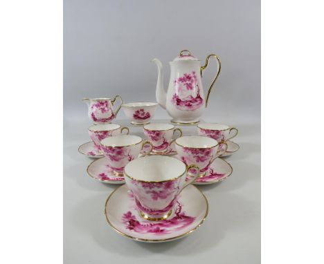 Vintage hand painted Pink and White Shelley Coffee set in the Rural England pattern 14305, Excellent condition no damage and 