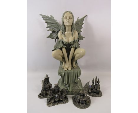 Large Fairy sculpture plus 4 Myth and magic type pewter sculptures.