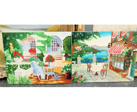 Pair of pretty ceramic tile pictures, each measures approx 14 x 11 inches, see photos. 