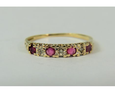 9ct Yellow Gold Ring set with Ruby and Diamond.  Finger size 'M-5'   1.4g 