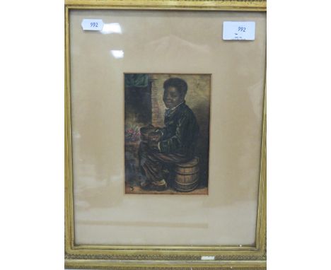 Victorian Lithograph of a small Coloured boy sat by a fire.  Framed and mounted under glass it measures  approx  15 x 12 inch