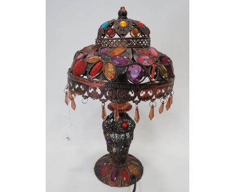 Moroccan  Style table lamp with attractive glass cabouchons on metal framework. 17 inches tall in working order. See photos. 