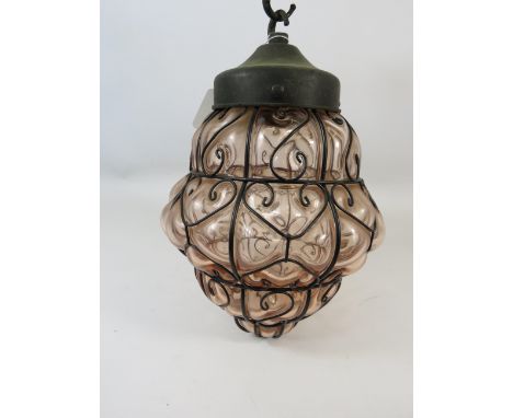 Vintage Murano Seguso handblown pink glass caged light pendant/shade. Approx 30cm long.