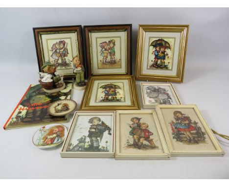 Framed vintage Goebel Hummel prints, 2 figurines and a book etc.