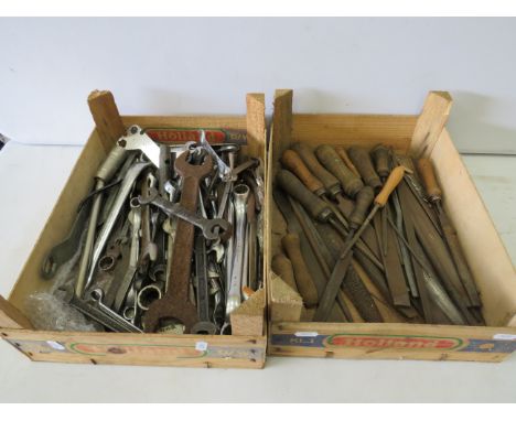 Box of Vintage Hand files plus a box of assorted old chrome mechanics tools. See photos. 