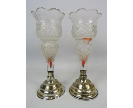 Pair of vintage crystal glass vases with london sterling silver weighted base, some chipping to the rims.