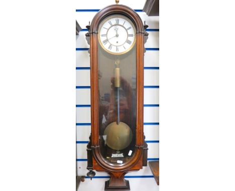 Vintage Wall Clock in Glass Fronted Mahogany Case, Weight driven in working order. Measures approx 38 inches long. See photos