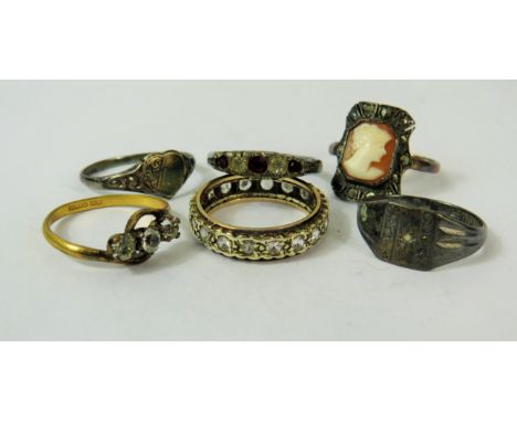 Selection of four Silver rings, one Rolled Gold Ring and one (unmarked) Gold Ring   See photos. 