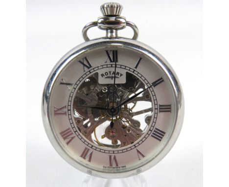 Swiss made Rotary See Through Skeleton Pocket watch with Chrome case. Crown Wind in excellent condition, runs well. See photo