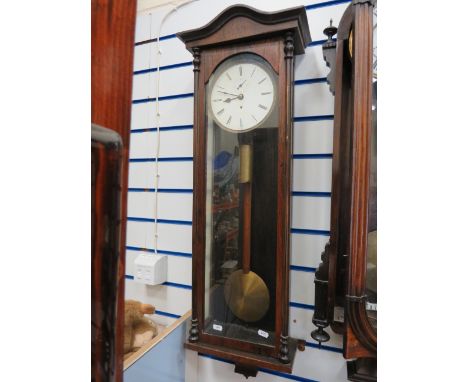 Vintage Wall Clock in Glass Fronted Mahogany Case, Weight driven in working order. Measures approx 38 inches long. See photos