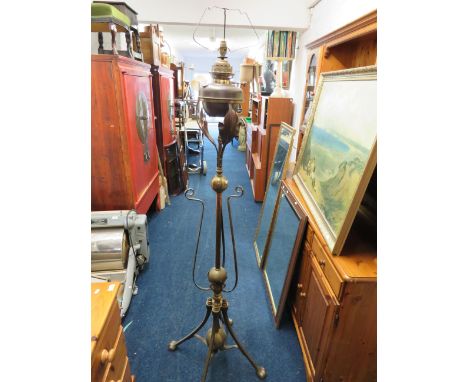 Large and heavy Solid brass oil lamp holder with original Oil lamp (no shade or chimney)  Measures approx 70 inches. Tall. Ne