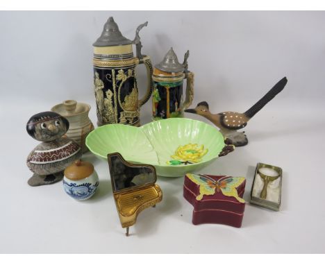 Mixed lot to include 2 German steins, Carltonware dish, piano shaped compact etc.