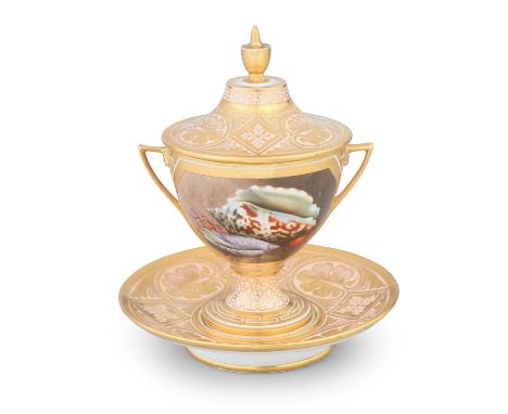 A Barr, Flight and Barr Worcester cabinet cup, cover and stand, circa 1805-10Of goblet shape with angular handles, the domed 