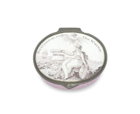 Admiral Lord Nelson: A South Staffordshire enamel patch box, early 19th centuryPrinted with Britannia seated on some rocks be