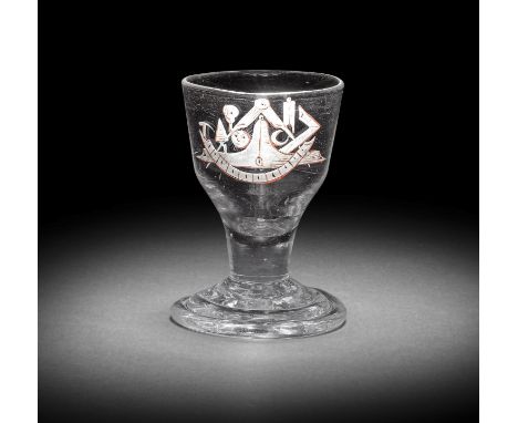A rare Scottish enamelled Masonic firing glass attributed to Anthony Taylor, circa 1765-70The ogee bowl painted in opaque whi
