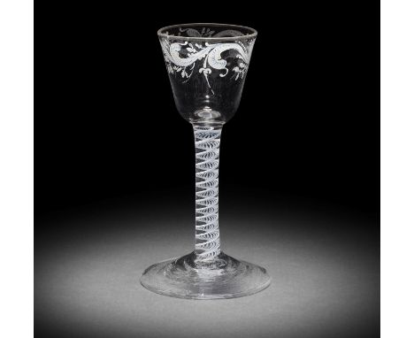 A fine Beilby enamelled opaque twist wine glass, circa 1765The round funnel bowl painted in opaque white with a wide border o