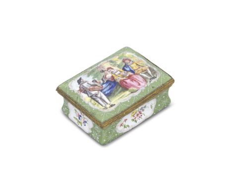 A South Staffordshire enamel snuff box, circa 1765-70Of rectangular form, printed in outline and hand-coloured with 'The Four