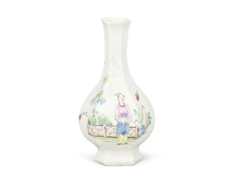 An early Worcester bottle vase, circa 1753Of simple flattened hexagonal shape, painted in colours with a 'Waiting Chinaman' s