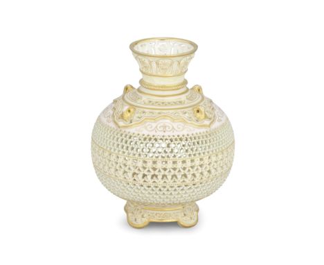 A Royal Worcester reticulated vase by George Owen, dated 1891The shape in Persian style resembling a mosque lamp, the everted