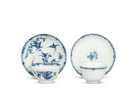 Two Worcester teabowls and saucers, circa 1756 and 1765Each with slight variations of Worcester's 'feather moulding', the ear