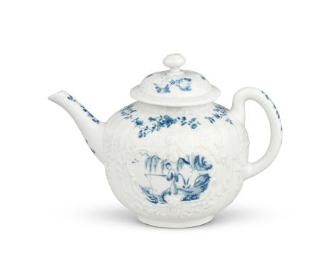 A very fine Worcester teapot and cover, circa 1755Of crisply-moulded strap-fluted globular form, moulded in high relief with 