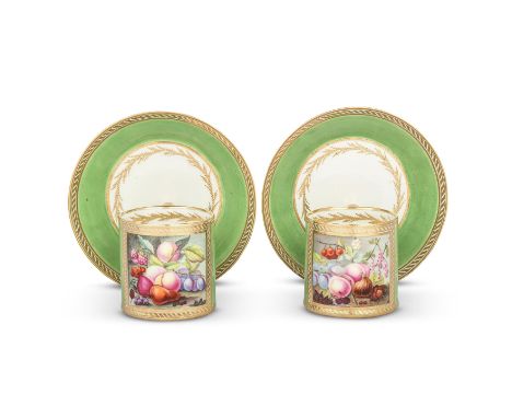 A pair of Derby coffee cans and saucers, circa 1795Painted with square panels of fruit, probably by John Brewer, including fi