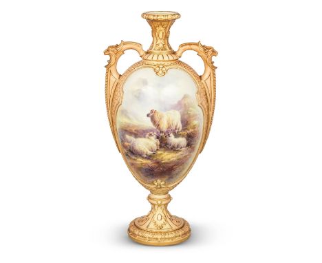 A Royal Worcester vase by Harry Davis, dated 1906Of slender ovoid form, the twin handles moulded with mythical beasts, painte