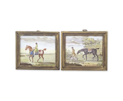A rare pair of Battersea enamel plaques, circa 1755Of rectangular form, each printed in brown with a racehorse carefully pick