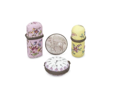A group of South Staffordshire enamels, late eighteenth centuryComprising a cylindrical scent bottle case with screw top, pai