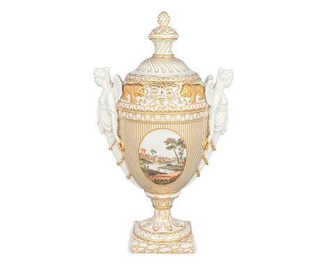 An impressive Chelsea-Derby vase and cover, circa 1780Of classical form with biscuit handles in the form of winged maidens, t