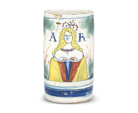 An exceptionally rare and large English delftware Queen Anne tankard, circa 1702-14Probably Bristol, of cylindrical shape wit