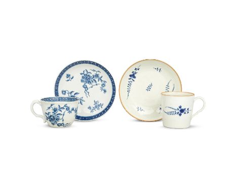 Two rare Worcester cups and saucers, circa 1775-80The first cup of bute shape with an unusual moulded handle, printed in blue
